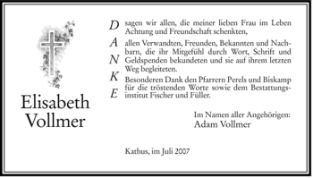 Traueranzeige von Elisabeth Vollmer von HERSFELDER ZEITUNG