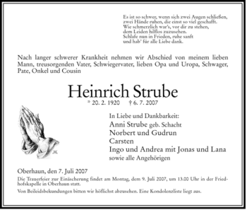 Traueranzeige von Heinrich Strube von HERSFELDER ZEITUNG