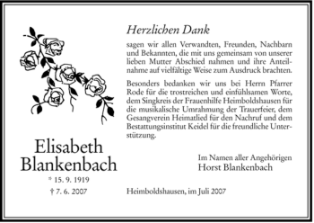 Traueranzeige von Elisabeth Blankenbach von HERSFELDER ZEITUNG