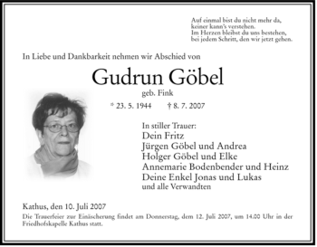 Traueranzeige von Gudrun Goebel von HERSFELDER ZEITUNG