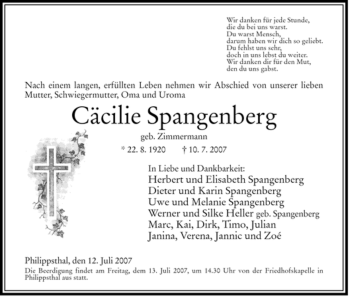 Traueranzeige von Caecilie Spangenberg von HERSFELDER ZEITUNG