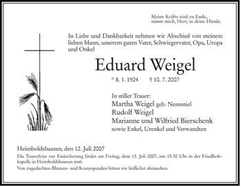 Traueranzeige von Eduard Weigel von HERSFELDER ZEITUNG
