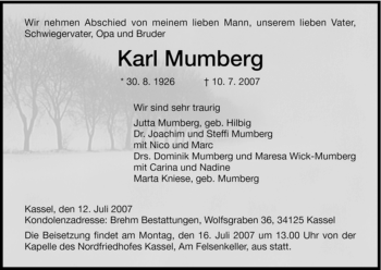 Traueranzeige von Karl Mumberg von HERSFELDER ZEITUNG