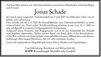 Traueranzeige von Jonas Schade von HERSFELDER ZEITUNG