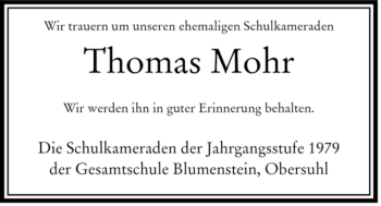 Traueranzeige von Thomas Mohr von HERSFELDER ZEITUNG