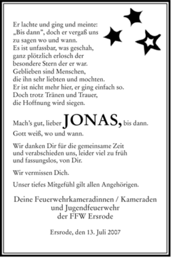 Traueranzeige von Jonas Schade von HERSFELDER ZEITUNG