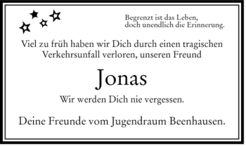 Traueranzeige von Jonas Schade von HERSFELDER ZEITUNG