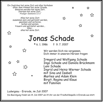 Traueranzeige von Jonas Schade von HERSFELDER ZEITUNG