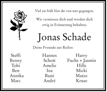 Traueranzeige von Jonas Schade von HERSFELDER ZEITUNG