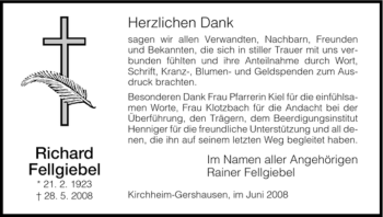 Traueranzeige von Richard Fellgiebel von HERSFELDER ZEITUNG