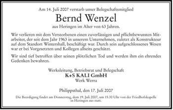 Traueranzeige von Bernd Wenzel von HERSFELDER ZEITUNG