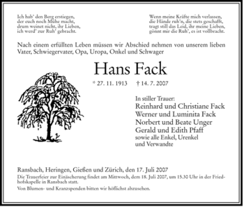 Traueranzeige von Hans Fack von HERSFELDER ZEITUNG