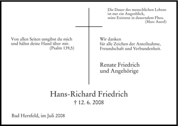 Traueranzeige von Hans-Richard Friedrich von HERSFELDER ZEITUNG