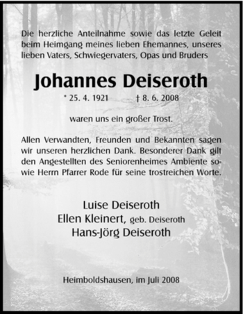 Traueranzeige von Johannes Deiseroth von HERSFELDER ZEITUNG