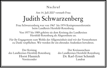 Traueranzeige von Judith Schwarzenberg von HERSFELDER ZEITUNG