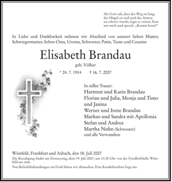 Traueranzeige von Elisabeth Brandau von HERSFELDER ZEITUNG