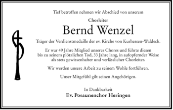 Traueranzeige von Bernd Wenzel von HERSFELDER ZEITUNG