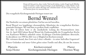 Traueranzeige von Bernd Wenzel von HERSFELDER ZEITUNG