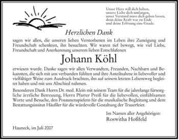 Traueranzeige von Johann Koehl von HERSFELDER ZEITUNG