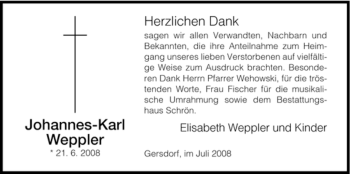 Traueranzeige von Johannes-Karl Weppler von HERSFELDER ZEITUNG