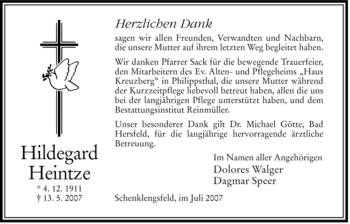 Traueranzeige von Hildegard Heintze von HERSFELDER ZEITUNG