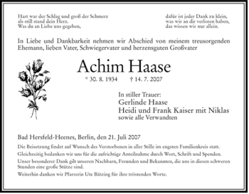 Traueranzeige von Achim Haase von HERSFELDER ZEITUNG