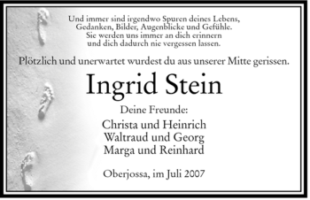 Traueranzeige von Ingrid Stein von HERSFELDER ZEITUNG