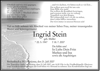 Traueranzeige von Ingrid Stein von HERSFELDER ZEITUNG