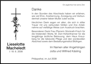 Traueranzeige von Lieselotte Macheledt von HERSFELDER ZEITUNG