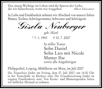 Traueranzeige von Gisela Neuberger von HERSFELDER ZEITUNG