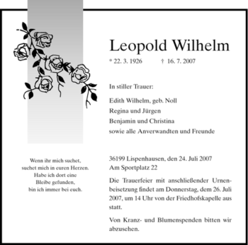 Traueranzeige von Leopold Wilhelm von HERSFELDER ZEITUNG