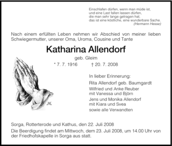 Traueranzeige von Katharina Allendorf von HERSFELDER ZEITUNG