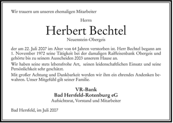 Traueranzeige von Herbert Bechtel von HERSFELDER ZEITUNG