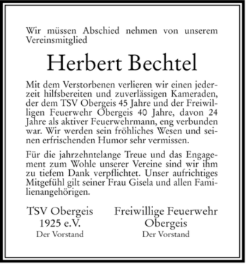 Traueranzeige von Herbert Bechtel von HERSFELDER ZEITUNG