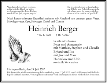 Traueranzeige von Heinrich Berger von HERSFELDER ZEITUNG