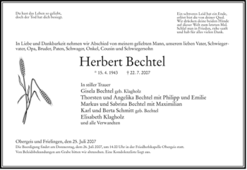 Traueranzeige von Herbert Bechtel von HERSFELDER ZEITUNG