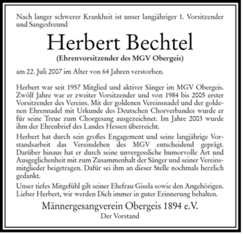 Traueranzeige von Herbert Bechtel von HERSFELDER ZEITUNG