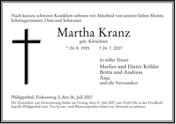 Traueranzeige von Martha Kranz von HERSFELDER ZEITUNG