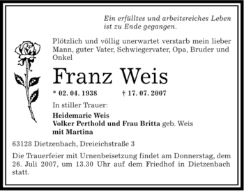 Traueranzeige von Franz Weis von HERSFELDER ZEITUNG