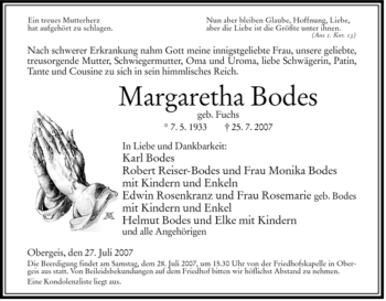 Traueranzeige von Margaretha Bodes von HERSFELDER ZEITUNG