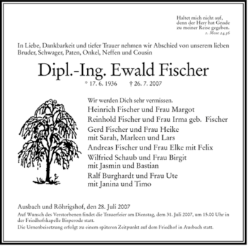 Traueranzeige von Ewald Fischer von HERSFELDER ZEITUNG