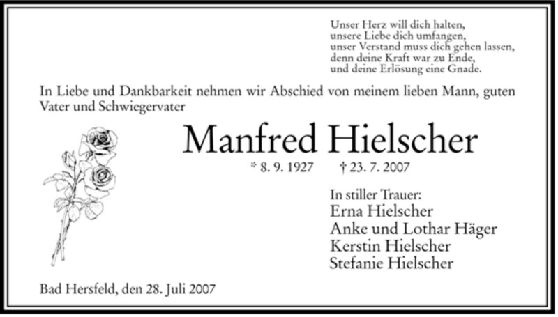  Traueranzeige für Manfred Hielscher vom 28.07.2007 aus HERSFELDER ZEITUNG