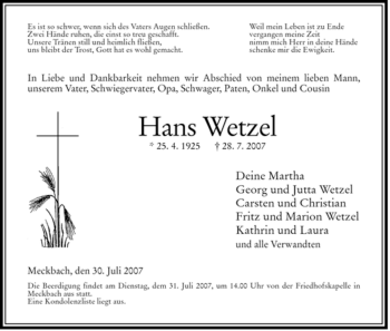 Traueranzeige von Hans Wetzel von HERSFELDER ZEITUNG