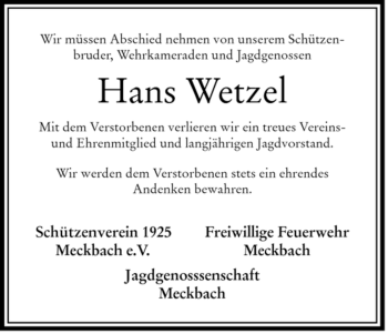 Traueranzeige von Hans Wetzel von HERSFELDER ZEITUNG