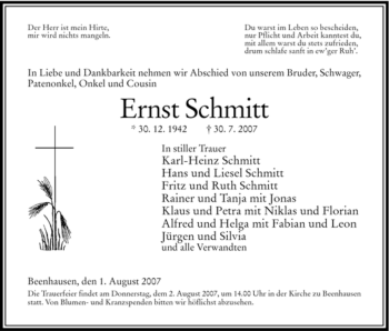 Traueranzeige von Ernst Schmitt von HERSFELDER ZEITUNG