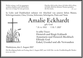 Traueranzeige von Amalie Eckhardt von HERSFELDER ZEITUNG