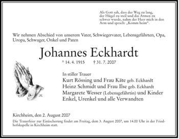 Traueranzeige von Johannes Eckhardt von HERSFELDER ZEITUNG