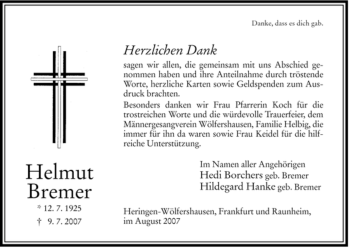 Traueranzeige von Helmut Bremer von HERSFELDER ZEITUNG