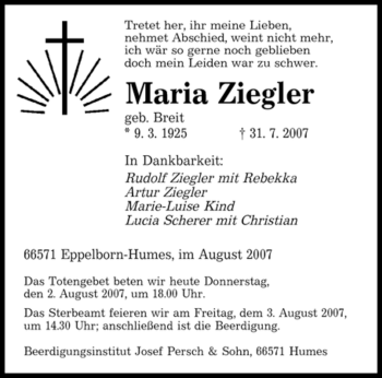 Traueranzeige von Maria Ziegler von HERSFELDER ZEITUNG