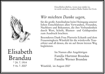 Traueranzeige von Elisabeth Brandau von HERSFELDER ZEITUNG